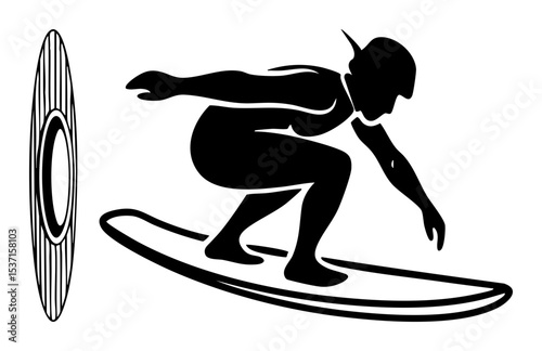 Vector Silhouette of a surfer riding a wave on a surfboard.