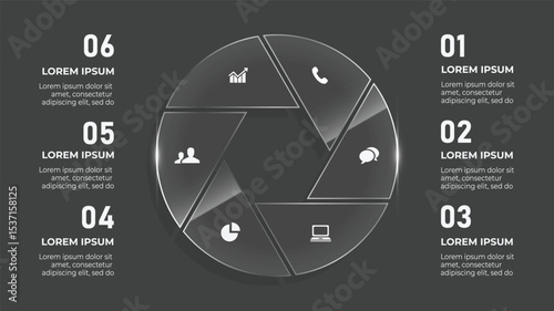 3D Glass Circle Infographic. 6 Step Business Dashboard Timeline with Icons, Speedometer Graph, and Web Layout Elements