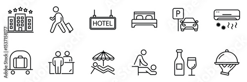 Hotel outline 12 icons set. Hotel universal set with Building, Parking, Meal. Hotel services, recreational rest, relax, travel. Vector illustration.