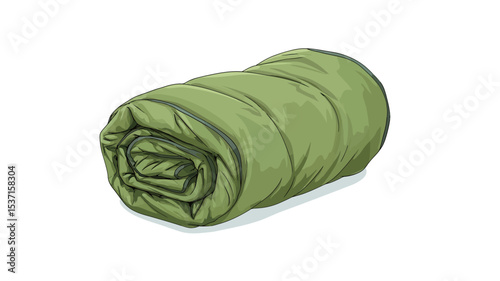 A studio shot against a white background shows a rolled-up olive green sleeping bag. The sleeping bag is tightly rolled into a cylindrical shape. The fabric appears to be quilted or filled with