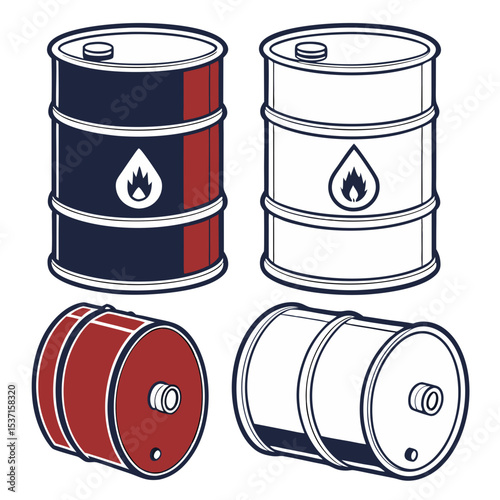 Oil barrel silhouettes collection standing and lying down black and white flammable symbol silhouette