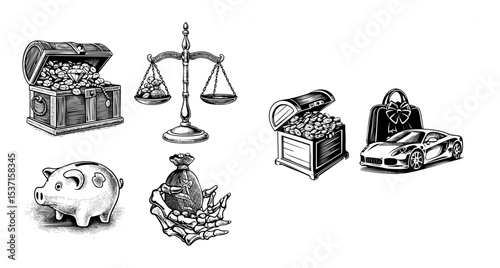 Vector Wealth and Prosperity Symbols: Treasure Scales and Luxury Items