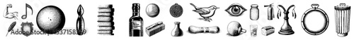 Vector Detailed vector illustrations of diverse objects including bottles tools and organic forms.
