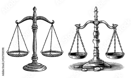 Vector Vintage scales of justice illustrations showcase legal concepts.