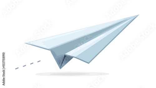 A digitally rendered image of a white paper airplane in flight against a pure white background. The airplane is sharply focused and realistically rendered, showing folds and creases in the paper.
