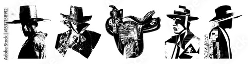 Vector Vintage styled illustrations of men in hats and a cowboy hat.