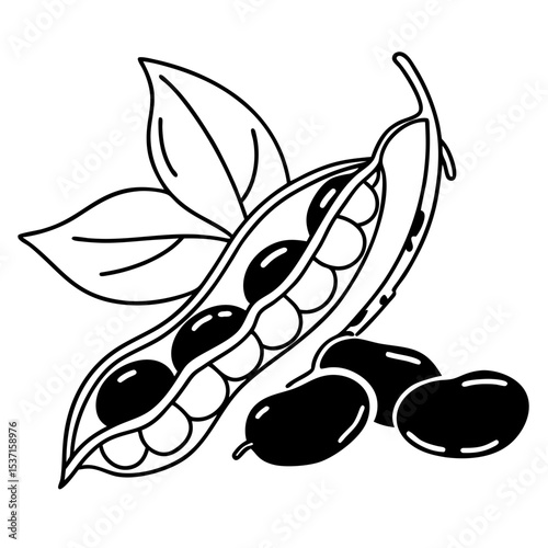 Open pea pod with beans and leaves silhouette illustration