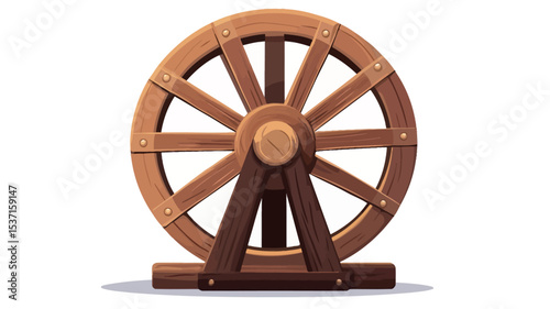 A digital illustration depicting a wooden wheel with visible spokes and a dark brown wooden axle. The wheel is positioned centrally against a plain white background. The style is illustrative