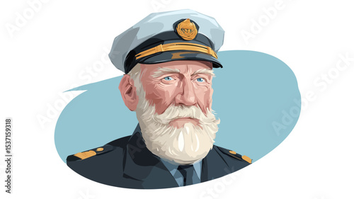 A digital illustration depicting a close-up portrait of an elderly man with a long white beard wearing a captain's hat and navy uniform. The style is illustrative, with a slightly stylized 