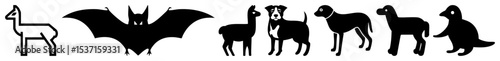 Vector Stylized silhouettes of canine and bat creatures depict fantastical animal forms.