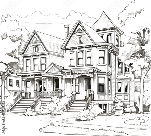 Black and white illustration of Victorian houses, vintage architectural drawing, historical homes with ornate details, old-fashioned porch design, classic urban neighborhood sketch, real estate