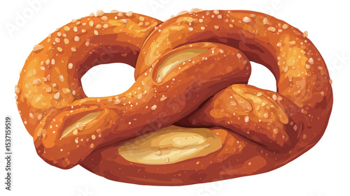 A digitally enhanced close-up image of a single soft pretzel. The pretzel is golden brown in color and is sprinkled with sesame seeds.  A portion of the pretzel reveals a light yellow cheese