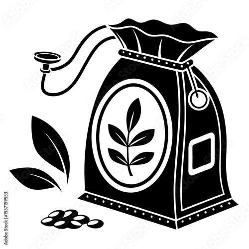 Coffee bean bag silhouette with dispenser and leaves illustration