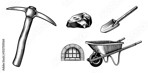 Vector Mining Tools with Pickaxe Rock and Wheelbarrow