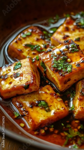 spicy braised tofu in savory sauce topped with chopped scallions, chili and sesame seeds