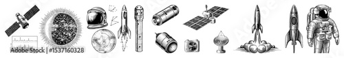 Vector Detailed vector illustrations of spacecraft satellites and an astronaut in a vintage style.