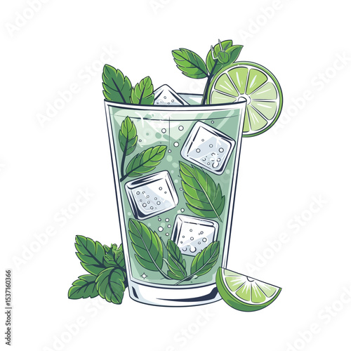 A refreshing cocktail glass filled with a vibrant mojito, featuring fresh mint leaves and lime slices floating among ice cubes. The drink sparkles with bubbles