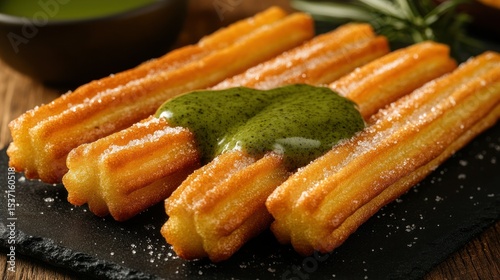 Crispy, sugared churros with matcha dipping sauce
