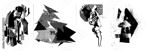 Vector Abstract avian figures composed of geometric shapes and textured .