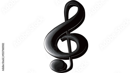 Close-up view of a single treble clef symbol rendered in a high-gloss black finish. The symbol is presented against a plain white background. The clef exhibits a three-dimensional