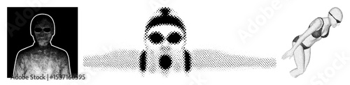 Vector Mysterious figures with hooded man ghost and diver in dotted style.