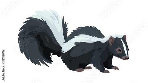 A digital illustration of a striped skunk. The skunk is depicted in a stylized manner, appearing cartoonish but still maintaining realistic features.  The illustration is in profile view