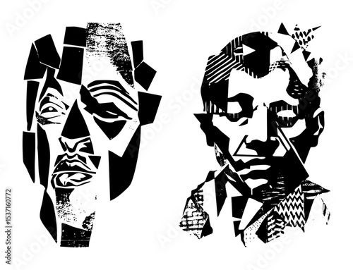Vector Geometric portraits of two men in bold monochrome style.