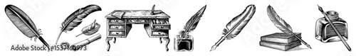 Vector Vintage writing tools including quill pens inkwell and antique desk .