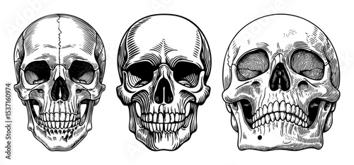 Vector Detailed illustrations of human skulls in varying perspectives.