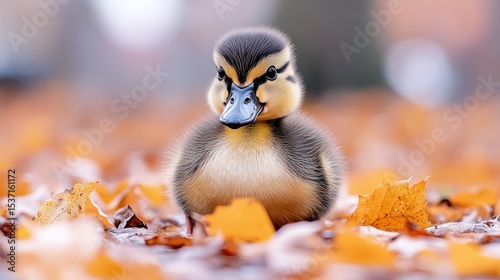 Cute duckling amidst autumn leaves
