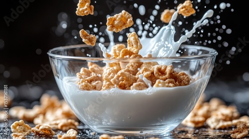 Crunchy cereal in milk splash