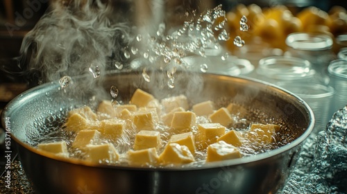 Cubes of food simmering in water
