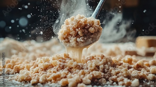 Crumbly dessert mixture spilling from spoon