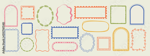 Hand drawn wave frame set. Minimal border kit with square, oval, arch, and stamp shapes. Retro ornament for card, label, banner, or invitation. Cute doodle style for celebration design.