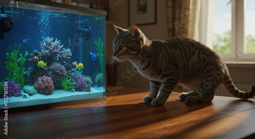 Curious kitten observing a vibrant aquarium
