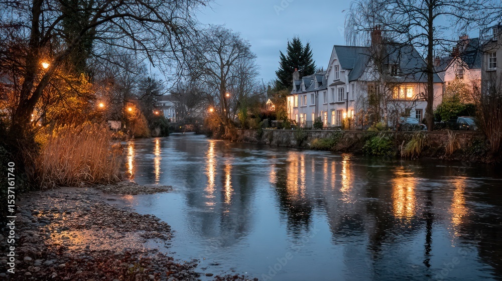 Fototapeta premium Twilight serenity by the urban river, where water mirrors the fading day