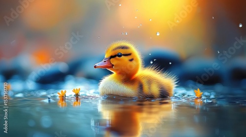 Cute duckling swimming in water