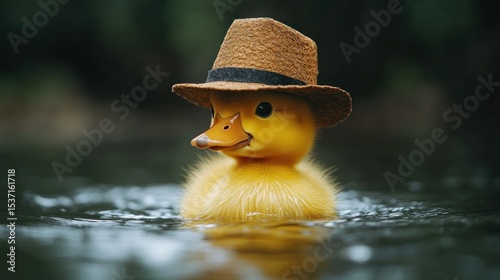 Cute duckling wearing a hat in water