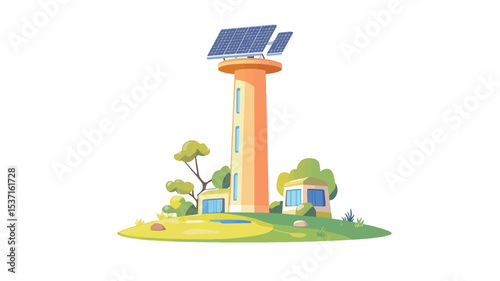 A digital illustration depicting a stylized cartoon-like tower with solar panels on top.  The tower is orange and tall, situated on a small island with simple, cartoonish trees and small houses.