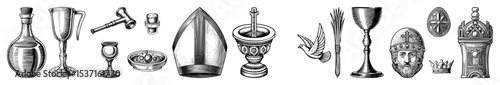 Vector Intricate collection of tribal artifacts and ceremonial masks in detailed vector .