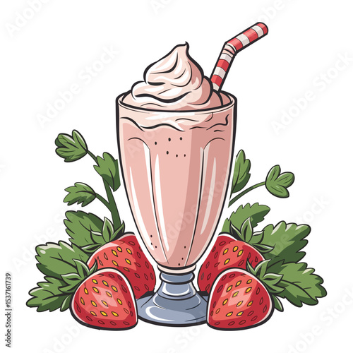 A tall glass of creamy pink strawberry milkshake with a swirl of whipped texture, surrounded by fresh, ripe strawberries.