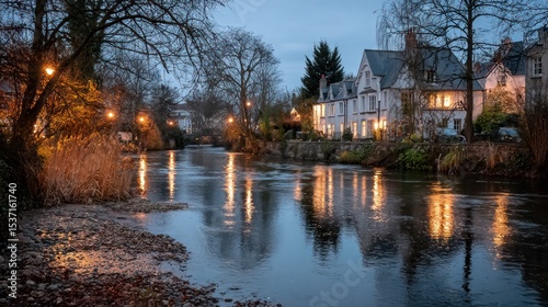 Twilight serenity by the urban river, where water mirrors the fading day