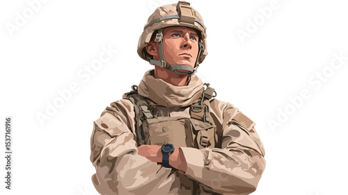 A digital painting or illustration depicts a close-up portrait of a male soldier. He is wearing a light beige military uniform, helmet, and what appears to be a neck gaiter or scarf