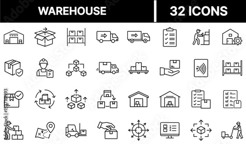 Warehouse Icon – Storage Building with Boxes, Logistics, and Inventory Symbol Illustration