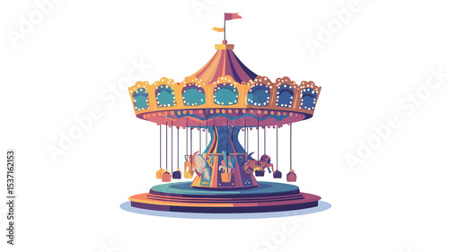 A digital illustration of a vintage carousel. The carousel is depicted in a colorful, whimsical style with pastel hues of orange, yellow, teal and pink.  It features a central column supporting a
