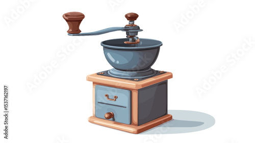 A digital illustration of a vintage coffee grinder. The illustration is rendered in a painterly style, with visible brushstrokes and texture.  The grinder is predominantly blue-grey metal with a