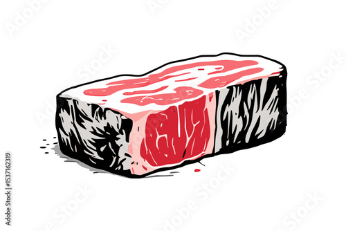 A stylized illustration of a raw steak, showcasing marbling and texture.