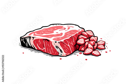 A juicy ribeye steak, meticulously illustrated, crumbles into succulent pieces.