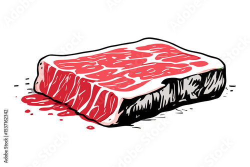 Illustration of a raw, juicy steak with visible marbling and blood.