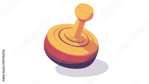 A digital illustration of a wooden spinning top. The top is predominantly yellow and orange with red and purple accents near the base.  It has a simple, slightly cartoonish design.